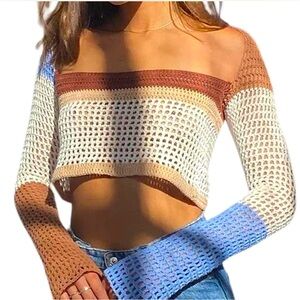 Y2K Crochet Long Sleeve Color Block Square Neck Top